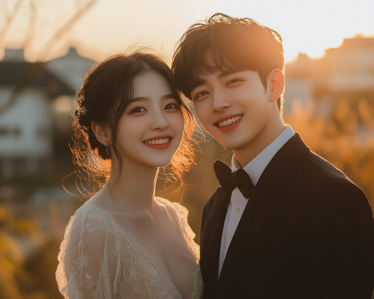 Golden Hour Wedding Portrait - AI generated travel by AI Couple Photo